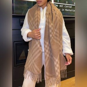 Plaid Tan Scarf with Fringe